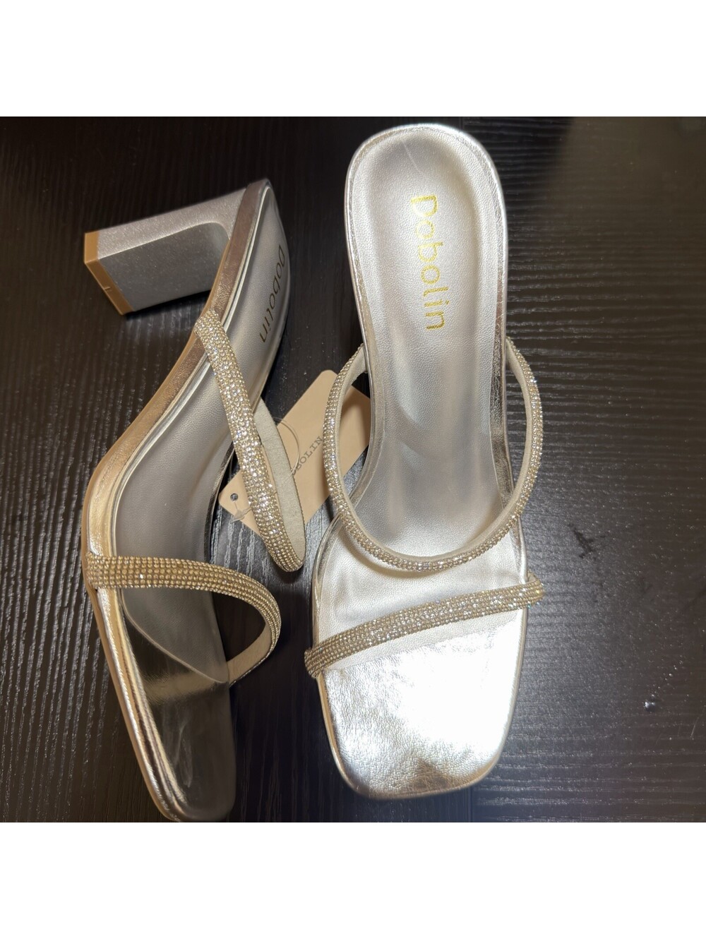 Dobolin Women's Silver Rhinestone Heeled Slide Sandals Size 9 Open Toe Mule - Picture 9 of 14